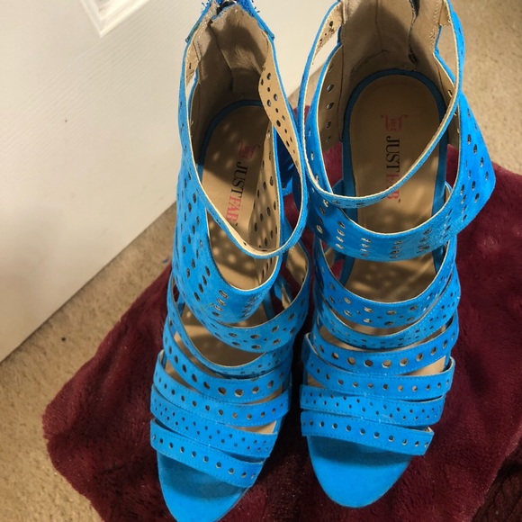 JustFab Traylene Bright Tropical Blue Cut Out Strap Stiletto Sandal - Picture 6 of 9